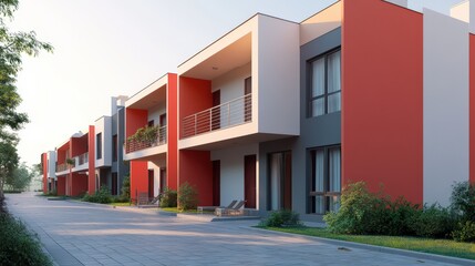 High-quality image of a residential real estate project featuring red details and modern architectural elements