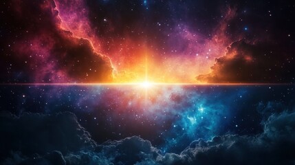 Cosmic sky stretching across space with brilliant nebulae and twinkling stars, the colors and light blending into a beautiful celestial scene."
