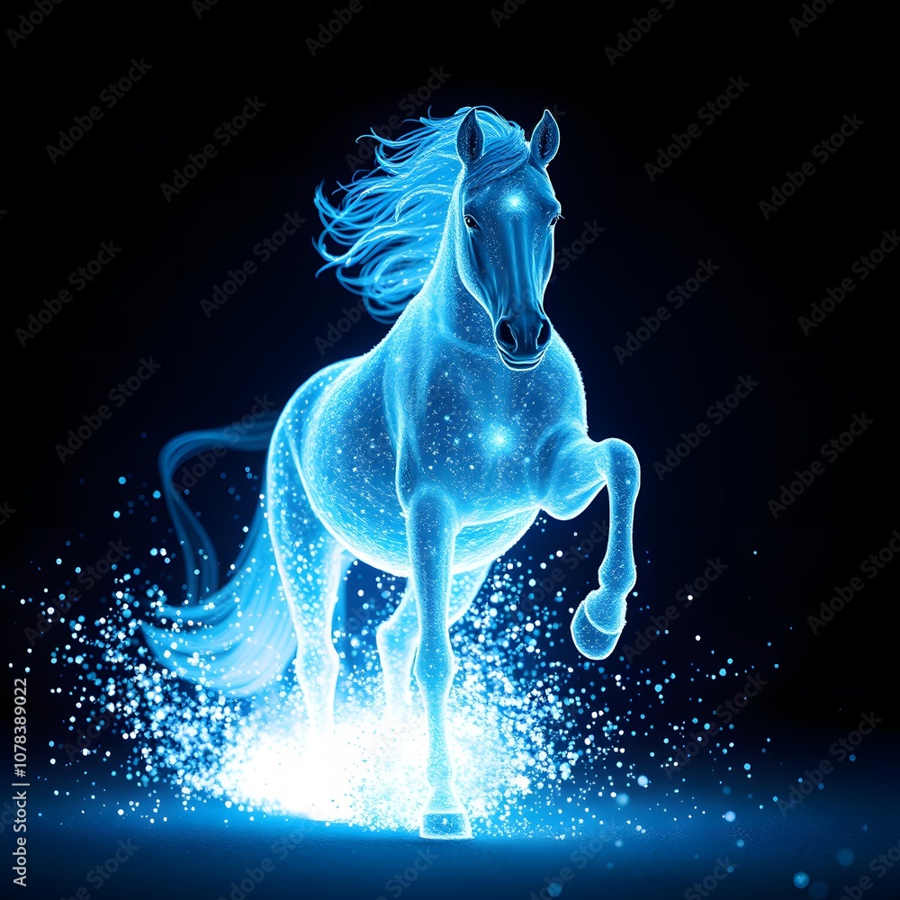 Poster A Vigorous Horse Surrounded by Glowing Effects: Captivating and Dynamic Visual for Multiple Creative Uses