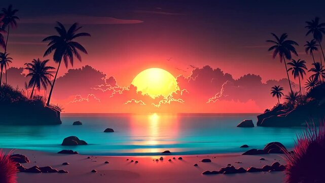 The sun sets over a tranquil beach, casting bright hues of orange and pink across the sky and water. Silhouetted palm trees frame the picturesque scene, creating a serene atmosphere
