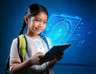 School child using a tablet with a digital hologram 