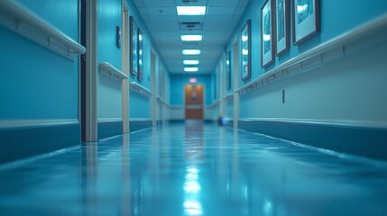 A long hospital corridor with blue walls and illuminated ceiling lights.