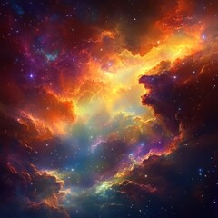 Naklejka premium Distant cosmic sky filled with glowing clouds of gas and dust, stars and galaxies shining brightly in the vast, colorful expanse. --v 6.1 Job ID: 723e2efd-1bb8-4063-b507-09dfee8adea5