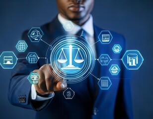 Legal Professional with Justice Icons. A suited legal professional touches virtual icons. Generated image