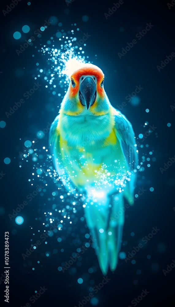 Poster A Vivid Representation of a Parrot Dissolving into Particles with Glowing Effects for Artistic and Visual Projects