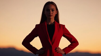 Sunset Power Pose: Confident woman in a red blazer, hands on hips, silhouetted against a vibrant sunset.  A powerful image representing ambition, strength, and leadership. 