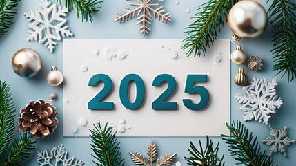 A minimalistic New Year postcard with "2025", Surround the numbers with subtle New Year decoration elements like delicate snowflakes, a simple evergreen branch, and a few small ornaments.
