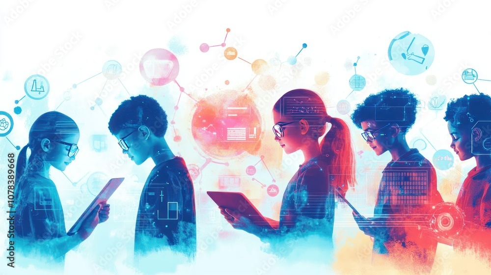 Poster elementary school students use ai-powered learning assistants on tablets. digital avatars guide thei