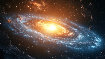 Fototapeta premium Dramatic spiral galaxy shining brightly in space, the core glowing intensely while the arms twist outward in a stunning cosmic formation.