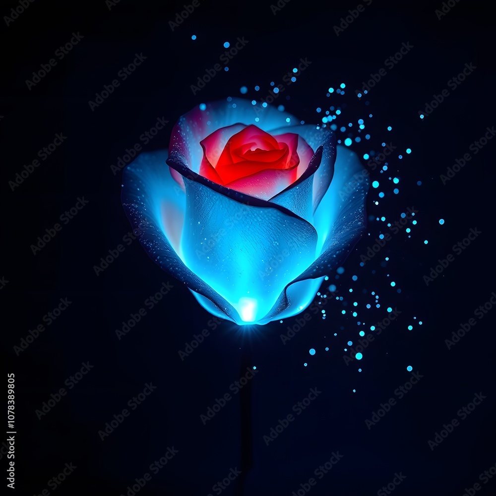 Poster a stunning visual of a vigorous rose dissolving into particles with mesmerizing glowing effects for 