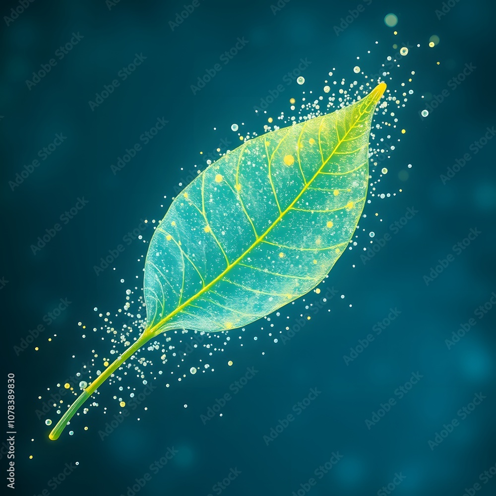 Poster a vigorously dissolving leaf capturing glowing particles in motion, perfect for environmental and na