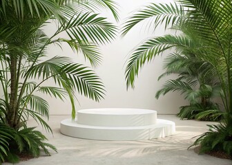 3D Rendering of a Minimalistic White Podium Platform Surrounded by Lush Green Palm Leaves for Tropical-Themed Displays and Presentations