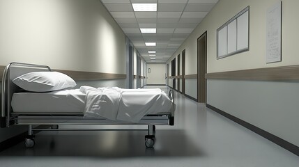 Naklejka premium Hospital bed with neatly folded sheets positioned against a wall in a silent, empty corridor.