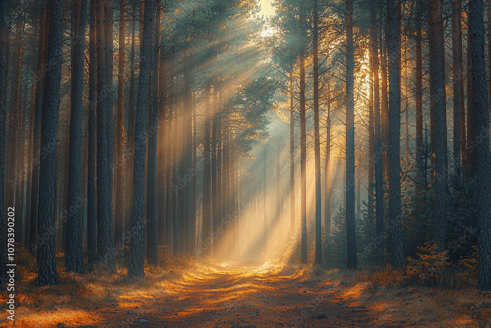 Poster sunlight filters through tall trees in a serene forest at dawn