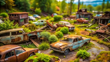 Abandoned Dump with Old Cars: A Tilt-Shift Photography Perspective of Rusty Vehicles Amidst Overgrown Weeds and Crumbling Infrastructure in a Forgotten Landscape