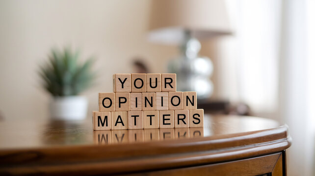 Three wooden blocks stacked on a polished surface display "Your opinion matters." With natural light and a softly blurred background, the image conveys a warm, supportive message valuing personal pers