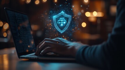 Person typing on a laptop with a glowing shield icon representing cybersecurity and data protection.