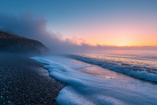 Calm beach at dawn with gentle waves and misty coastal cliffs