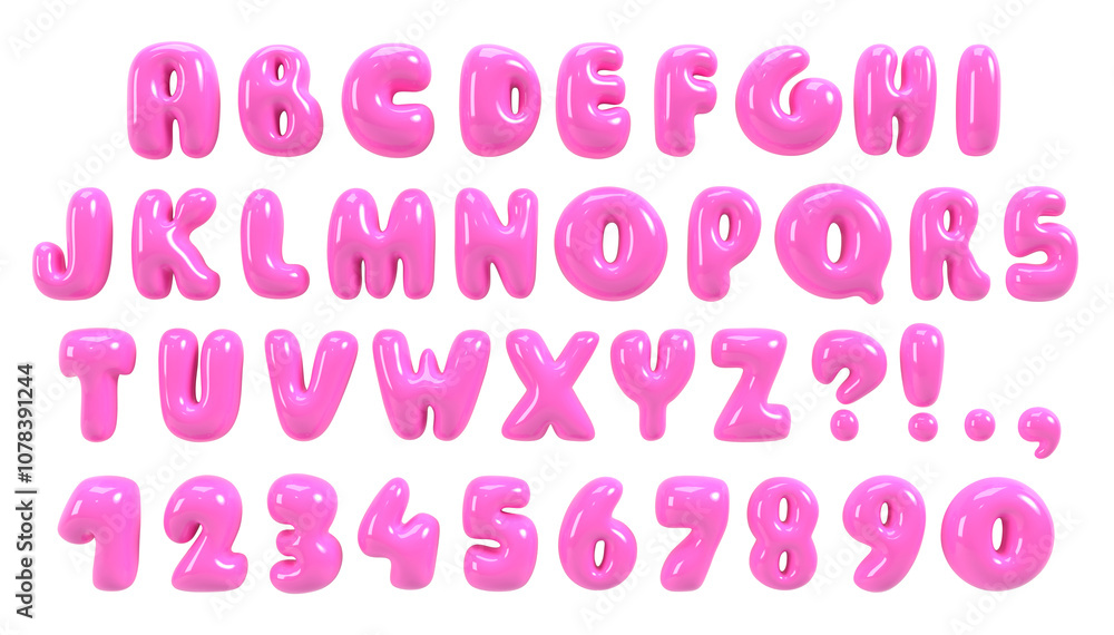 Fototapete bold bubble font. pink plastic typescript. y2k alphabet. groovy letters and numbers. three-dimension