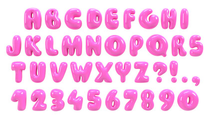 Bold bubble font. Pink plastic typescript. Y2K alphabet. Groovy letters and numbers. Three-dimensional round typeface isolated on transparent background