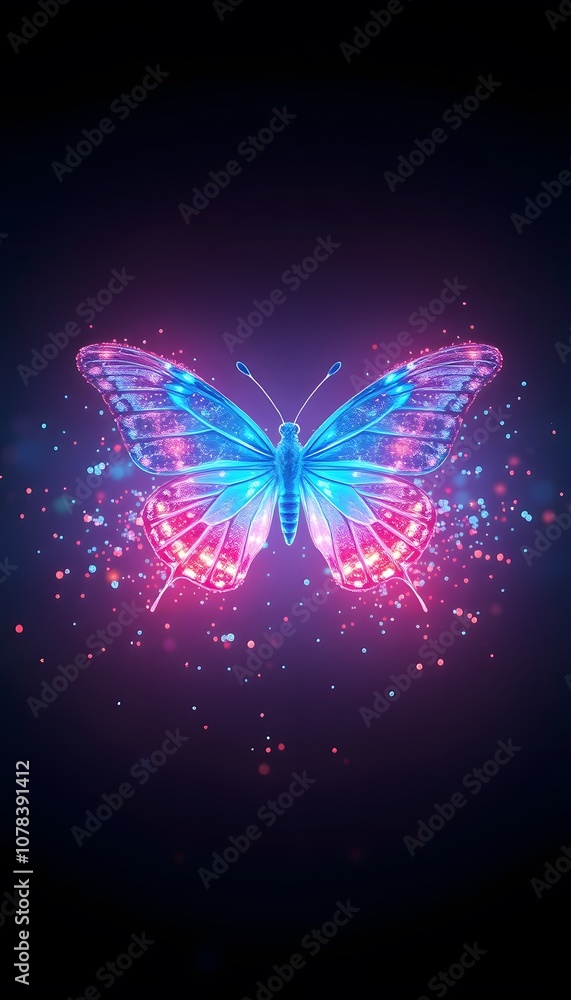 Poster a vivid butterfly gradually dispersing into glowing particles, perfect for illustrating themes of tr