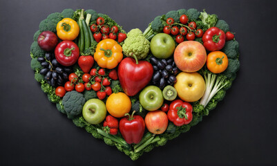 A heart-shaped arrangement of fresh fruits and vegetables on a black background