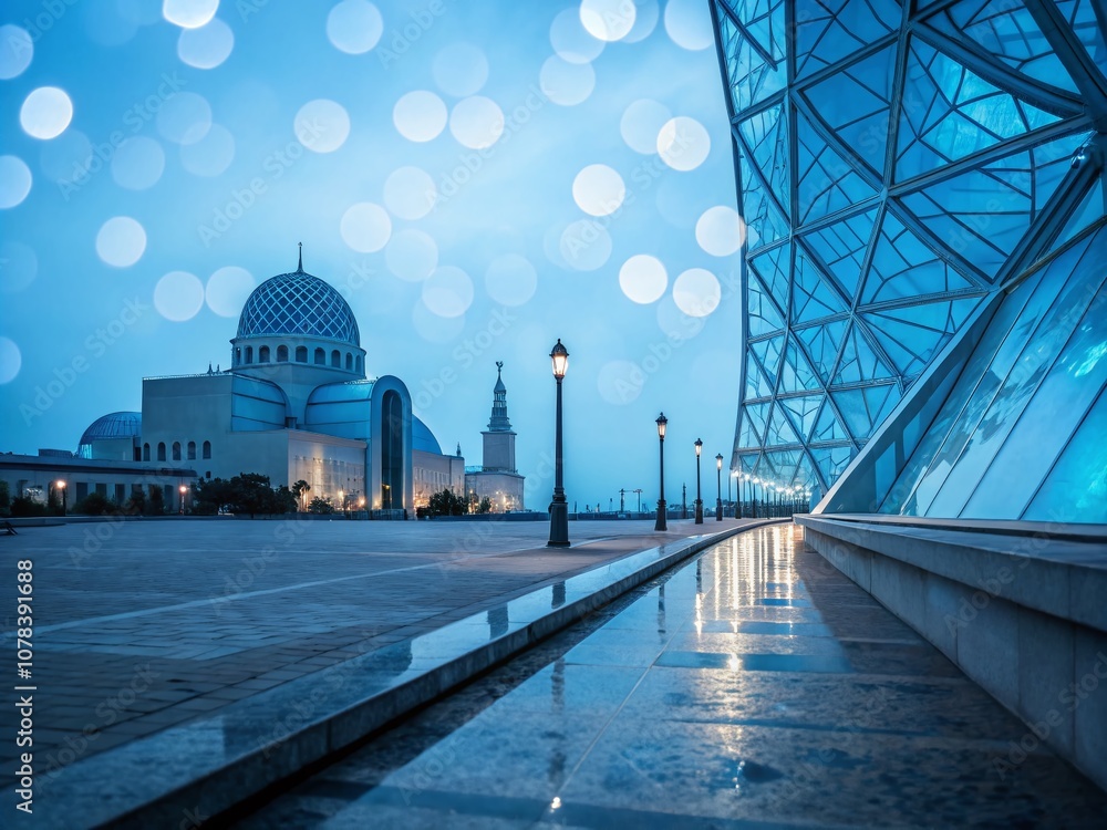 Poster abstract blue defocused bokeh background with architectural elements creating a dreamy atmosphere fo