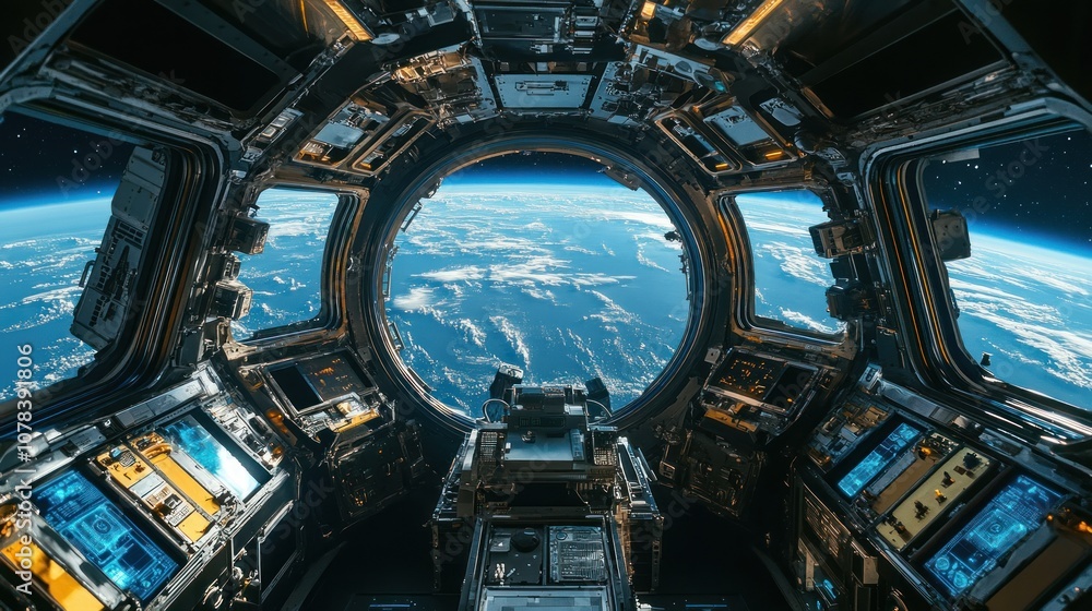 Aufkleber inside view of a satellite space station crew members floating in zero gravity futuristic control pa