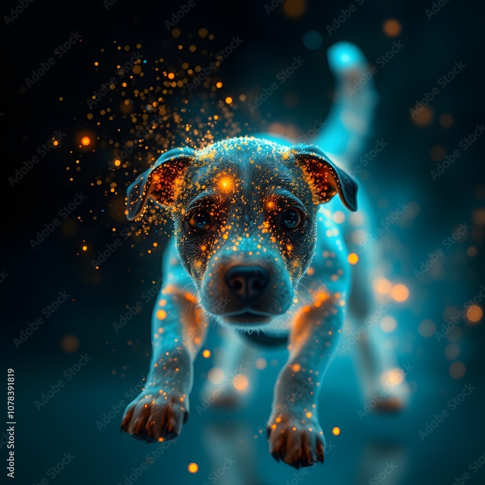 Poster A captivating image of a vigorous dog seemingly dissolving into particles with glowing effects, perfect for showcasing energy and vitality in work related to pets or digital art.