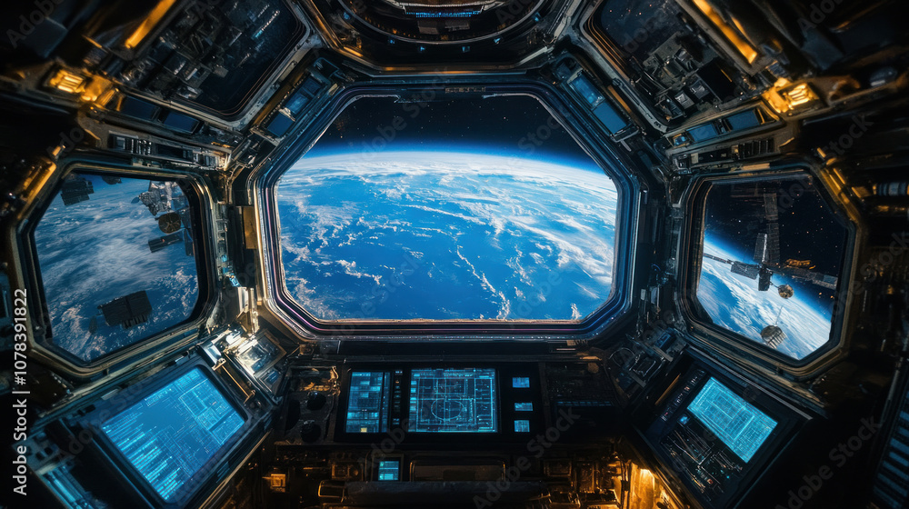Poster inside view of a satellite space station crew members floating in zero gravity futuristic control pa