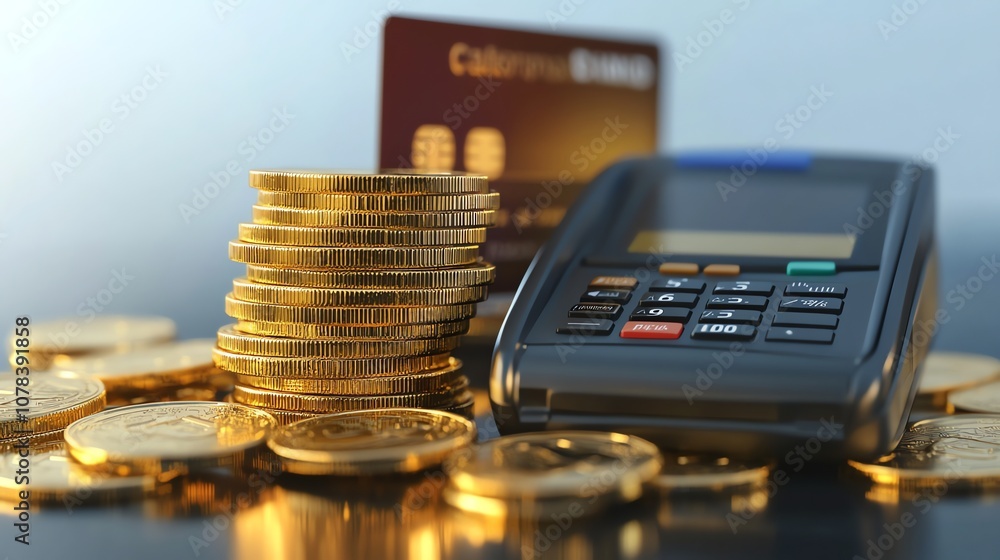 Poster a stack of gold coins and a credit card reader on a table.