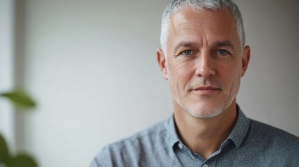 Fototapeta premium Student participating in digital meeting middle-aged white man with short gray hair bright room clean background copy space