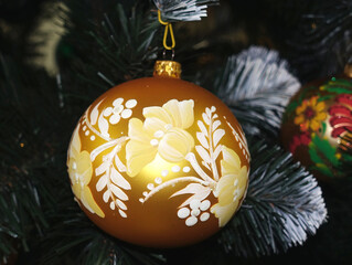 Beautiful yellow Christmas ball with hand painted flowers for the Christmas tree.