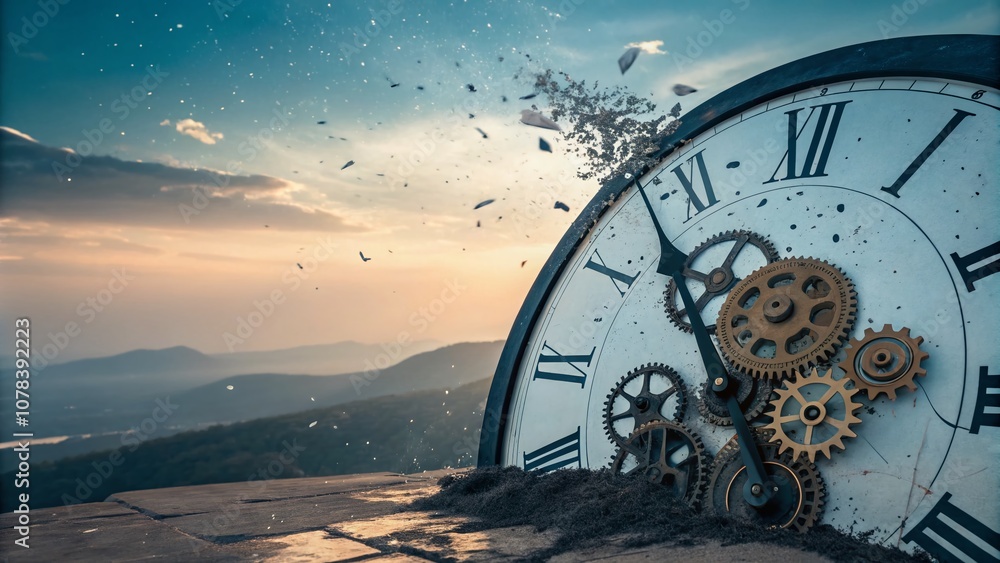Poster Abstract Broken Clock Illustration Representing the Concept of Time and Reality Deterioration in a Surreal and Thought-Provoking Visual Composition for Artistic Exploration