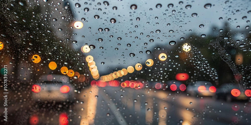Poster abstract bokeh lights reflected on a car window with raindrops captured in a dreamy documentary phot