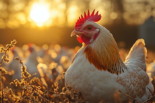 Factorial photograph of white chickens in the backyard on a sunny day.