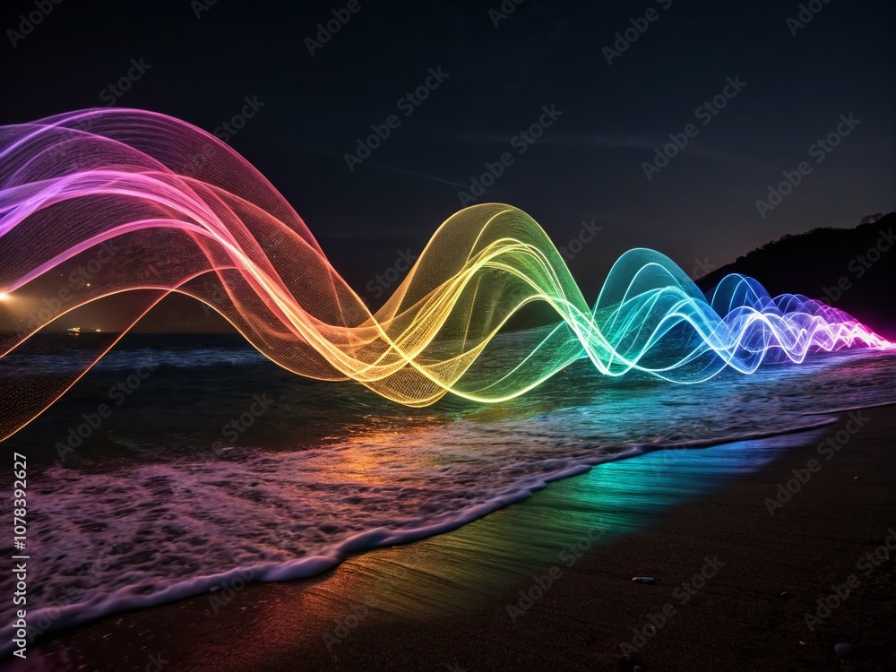 Poster abstract colorful light waves in motion captured with long exposure technique, showcasing vibrant hu