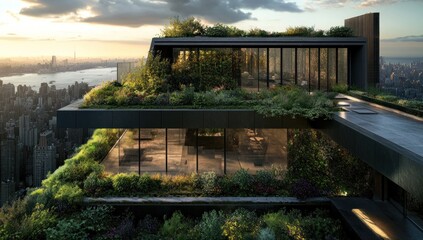 Fototapeta premium Modern Rooftop Garden with Cityscape View