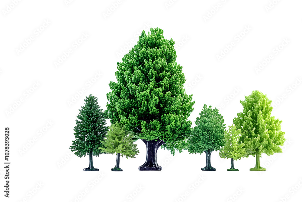Poster tree model. a collection of white and green plastic toy trees isolated on a simulated layout