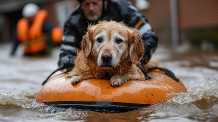 Rescue team saves pets trapped in flooded homes using rubber boats and emergency equipment