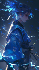 Anime boy wearing kimono with electric power vertical background