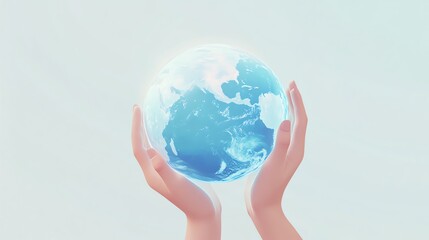 Lifelike rendering of hands gently supporting a radiant blue Earth with continents defined soft surrounding light minimalist white-to-blue background 