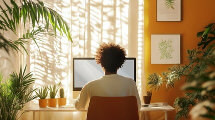 Person taking virtual class bright room clean background  copy space