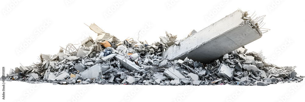 Aufkleber building beam. wreckage of a destroyed building with concrete debris and garbage on white background