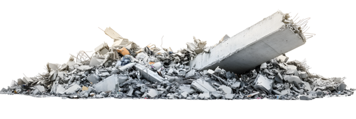 Building Beam. Wreckage of a Destroyed Building with Concrete Debris and Garbage on White Background