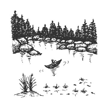 Hand-drawn nature sketch, pine tree forest and a lake with a person canoeing.