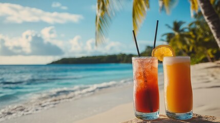 Bright and colorful cocktails on a tropical beach, with palm trees, clear blue water, and white sand creating an ideal summer vacation scene.