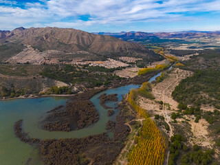 Aerial view of the Camarillas reservoir in Hellín, province of Albacete, Spain