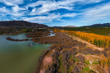 Aerial view of the Camarillas reservoir in Hellín, province of Albacete, Spain