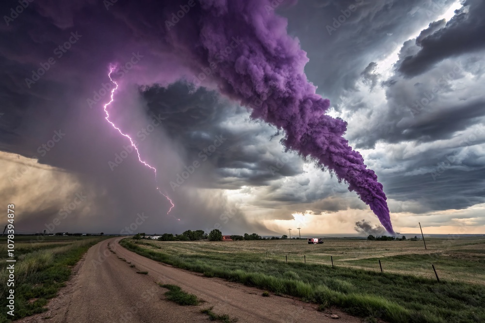 Poster abstract purple smoke swirling at an angle with thunderous background in drone photography capturing